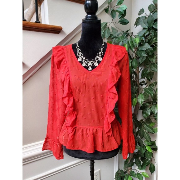Soho New York & Company Women Red Polyester V-Neck Long Sleeve Top Blouse Small - Picture 8 of 11